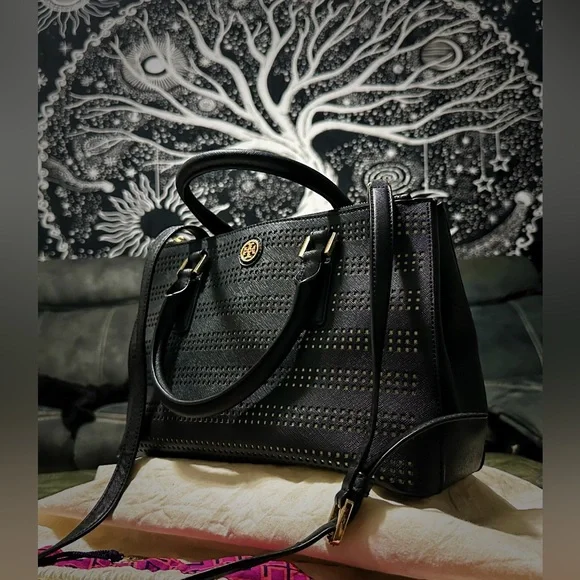 Vintage Tory Burch tote bag crossbody purse Black Satchel with Gold Accents - Picture 7 of 17